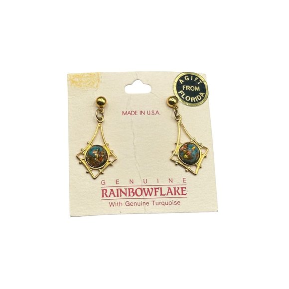 Vintage Rainbowflake Earrings Pierced Dangles Genuine Turquoise New Old Stock - Picture 1 of 7